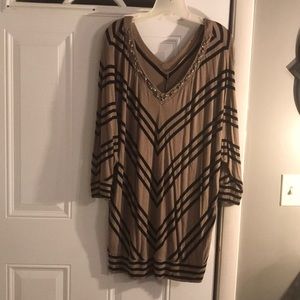 Tan and black vneck with rhinestones tunic